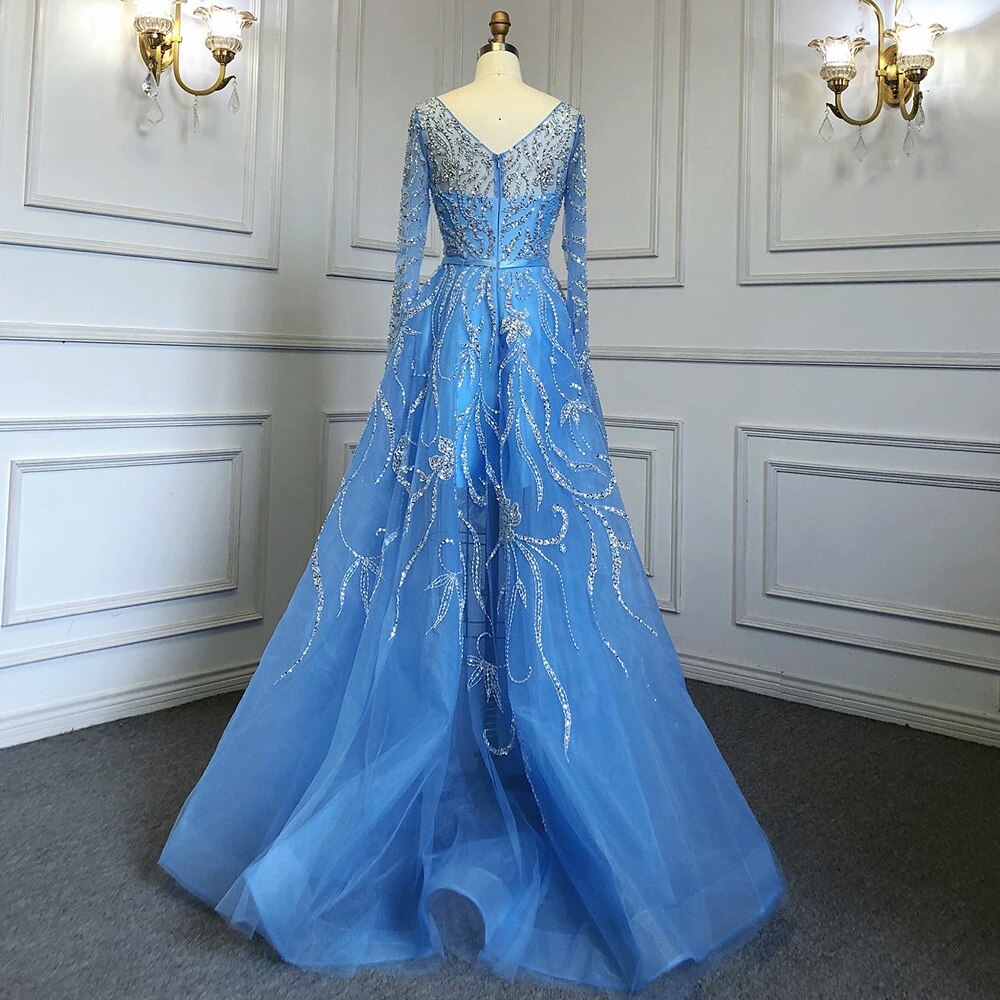 Vestidos de noche árabes azules de corte A, vestidos de lujo con cuentas y mangas largas, colección 2025 para mujer, ideales para fiestas (LA71596) 