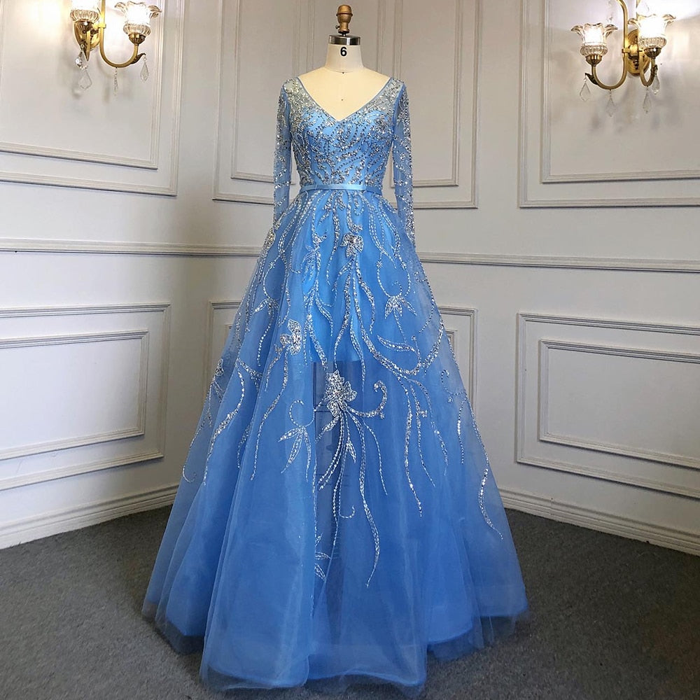 Vestidos de noche árabes azules de corte A, vestidos de lujo con cuentas y mangas largas, colección 2025 para mujer, ideales para fiestas (LA71596) 