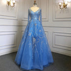 Vestidos de noche árabes azules de corte A, vestidos de lujo con cuentas y mangas largas, colección 2025 para mujer, ideales para fiestas (LA71596) 