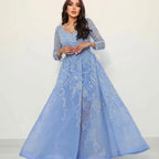 Vestidos de noche árabes azules de corte A, vestidos de lujo con cuentas y mangas largas, colección 2025 para mujer, ideales para fiestas (LA71596) 