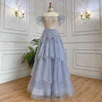 Vestidos de noche de lujo estilo árabe azul, corte en A, escote barco, con cuentas y cordones, estilo Dubai, colección 2025, para mujer, ideales para fiestas (LA71898) 