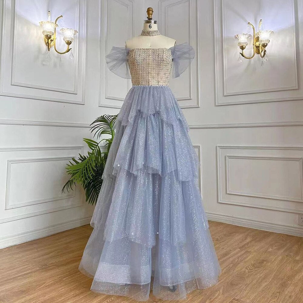 Vestidos de noche de lujo estilo árabe azul, corte en A, escote barco, con cuentas y cordones, estilo Dubai, colección 2025, para mujer, ideales para fiestas (LA71898) 