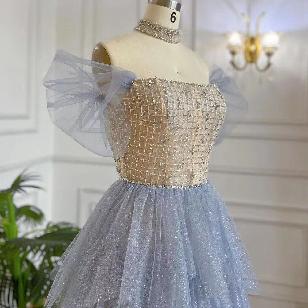 Vestidos de noche de lujo estilo árabe azul, corte en A, escote barco, con cuentas y cordones, estilo Dubai, colección 2025, para mujer, ideales para fiestas (LA71898) 