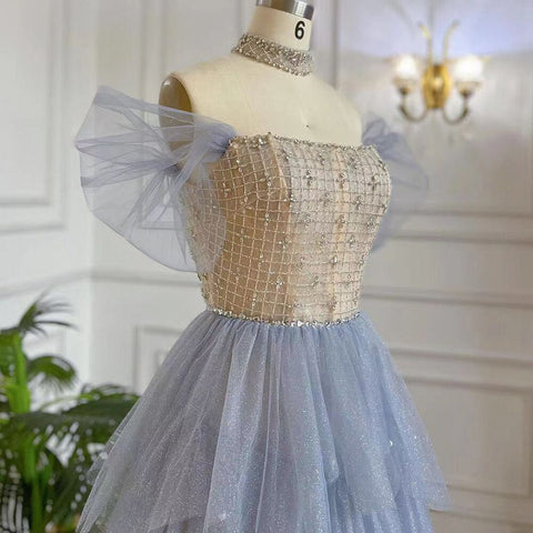 Arabic Blue A-Line Sexy Boat Neck Beaded Lace Up Luxury Dubai Evening Dresses Gowns 2025 For Women Party LA71898