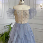 Vestidos de noche de lujo estilo árabe azul, corte en A, escote barco, con cuentas y cordones, estilo Dubai, colección 2025, para mujer, ideales para fiestas (LA71898) 