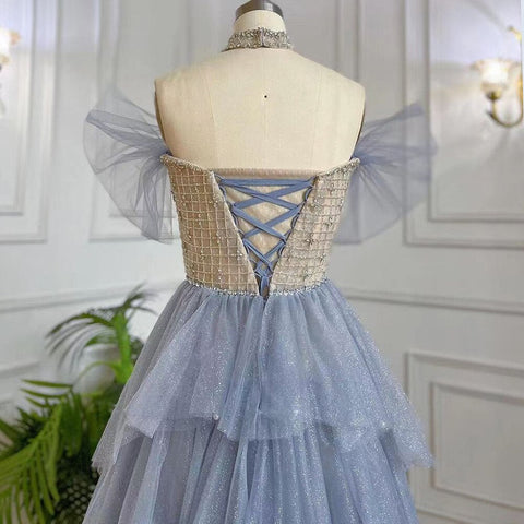 Arabic Blue A-Line Sexy Boat Neck Beaded Lace Up Luxury Dubai Evening Dresses Gowns 2025 For Women Party LA71898