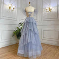 Vestidos de noche de lujo estilo árabe azul, corte en A, escote barco, con cuentas y cordones, estilo Dubai, colección 2025, para mujer, ideales para fiestas (LA71898) 