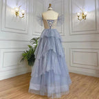 Vestidos de noche de lujo estilo árabe azul, corte en A, escote barco, con cuentas y cordones, estilo Dubai, colección 2025, para mujer, ideales para fiestas (LA71898) 