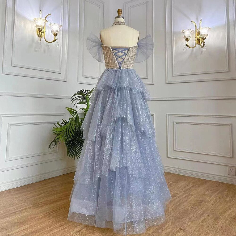 Vestidos de noche de lujo estilo árabe azul, corte en A, escote barco, con cuentas y cordones, estilo Dubai, colección 2025, para mujer, ideales para fiestas (LA71898) 