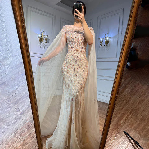 Robe de soirée sirène bleue de luxe à manches cape, style arabe LA71999