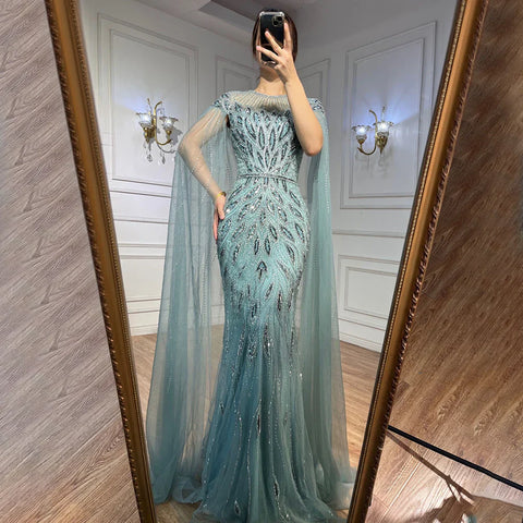 Robe de soirée sirène bleue de luxe à manches cape, style arabe LA71999