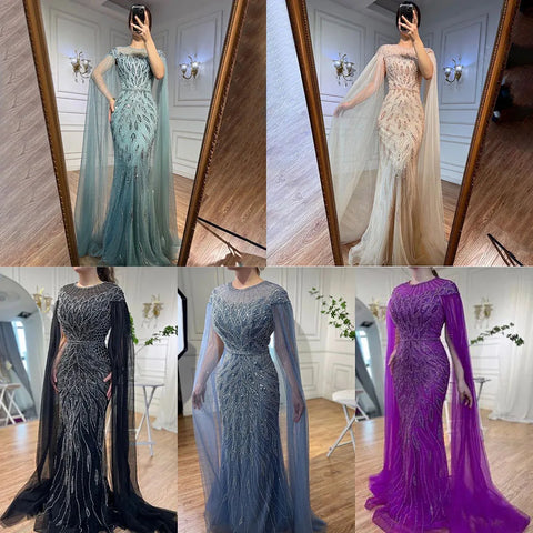 Robe de soirée sirène bleue de luxe à manches cape, style arabe LA71999