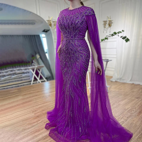 Robe de soirée sirène bleue de luxe à manches cape, style arabe LA71999