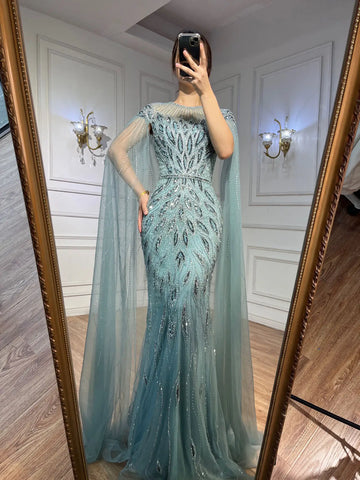 Robe de soirée sirène bleue de luxe à manches cape, style arabe LA71999