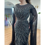 Luxury Arabic Blue Mermaid Evening Dress with Cape Sleeves LA71999