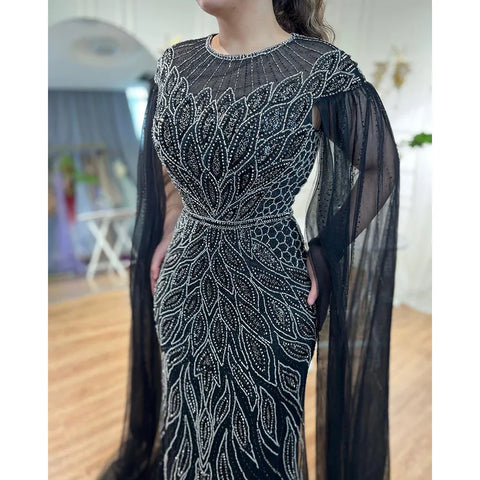 Robe de soirée sirène bleue de luxe à manches cape, style arabe LA71999