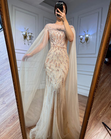 Robe de soirée sirène bleue de luxe à manches cape, style arabe LA71999