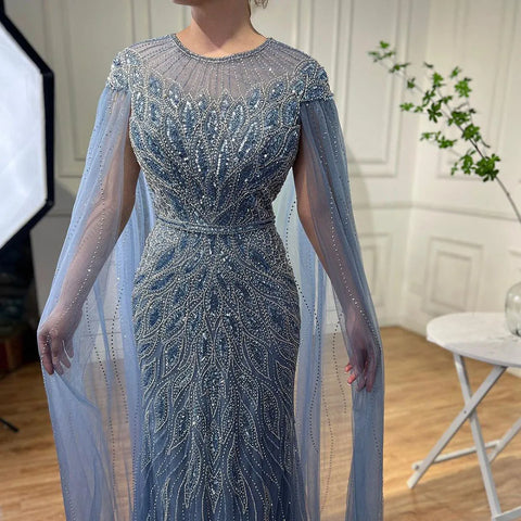 Robe de soirée sirène bleue de luxe à manches cape, style arabe LA71999