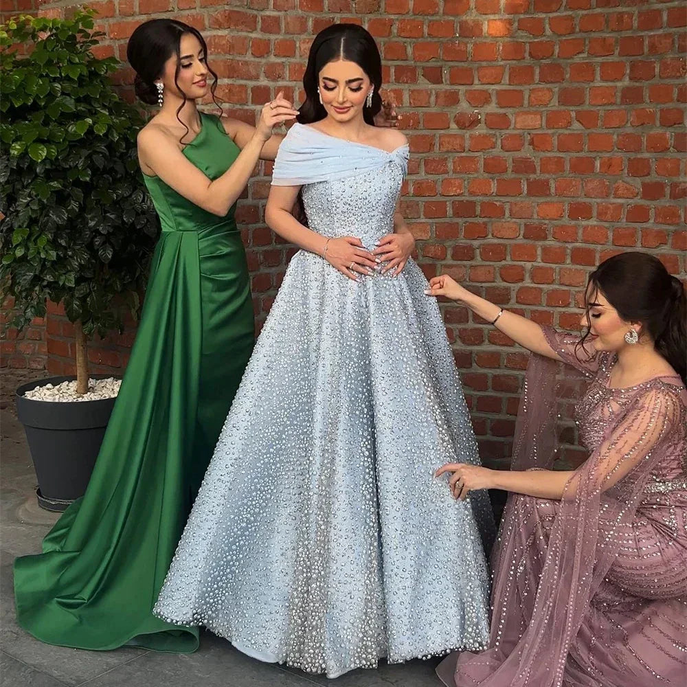 Vestidos de noche de lujo, elegantes, de corte A, largos hasta el suelo, color azul árabe, con cuentas, para mujer, ideales para bodas y fiestas (2025) LA72208 