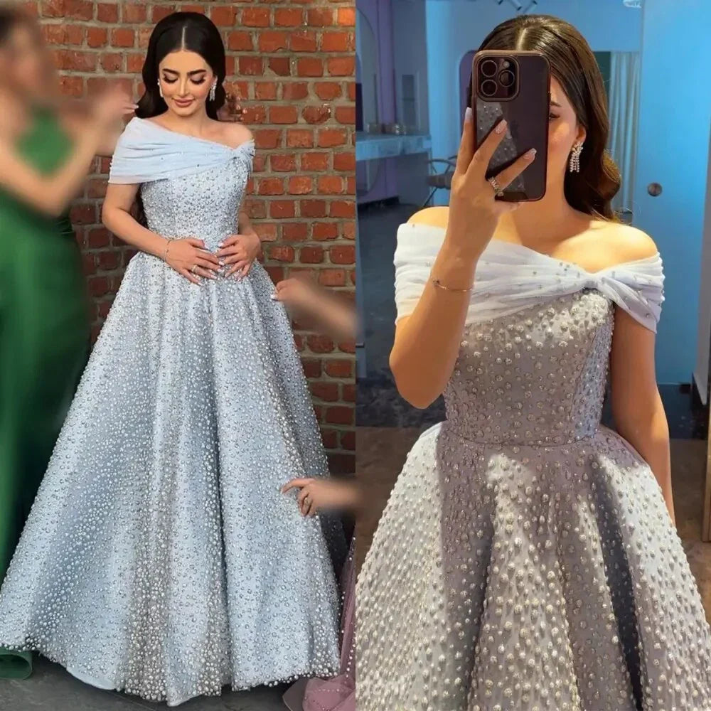 Vestidos de noche de lujo, elegantes, de corte A, largos hasta el suelo, color azul árabe, con cuentas, para mujer, ideales para bodas y fiestas (2025) LA72208 
