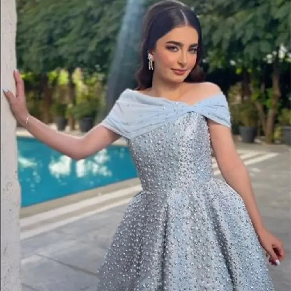 Vestidos de noche de lujo, elegantes, de corte A, largos hasta el suelo, color azul árabe, con cuentas, para mujer, ideales para bodas y fiestas (2025) LA72208 