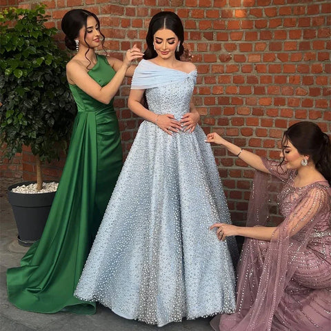 Arabic Blue Elegant A Line Floor Length Luxury Evening Dresses Gowns Beaded For Women Wedding Party 2025 LA72208