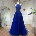 Vestido de noche elegante de lujo, corte en A, azul árabe, con lentejuelas, cuentas y borlas, estilo halter, modelo 2025 LA72227 