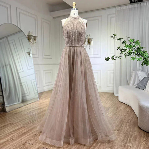 Arabic Blue Elegant A Line Luxury Evening Dresses Dubai Sequins Beaded Tassel Formal Halter Dress 2025 LA72227