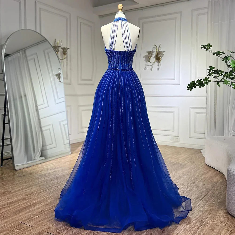 Vestido de noche elegante de lujo, corte en A, azul árabe, con lentejuelas, cuentas y borlas, estilo halter, modelo 2025 LA72227 