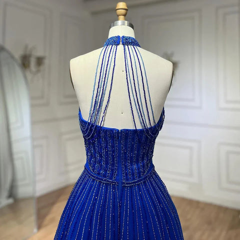 Arabic Blue Elegant A Line Luxury Evening Dresses Dubai Sequins Beaded Tassel Formal Halter Dress 2025 LA72227