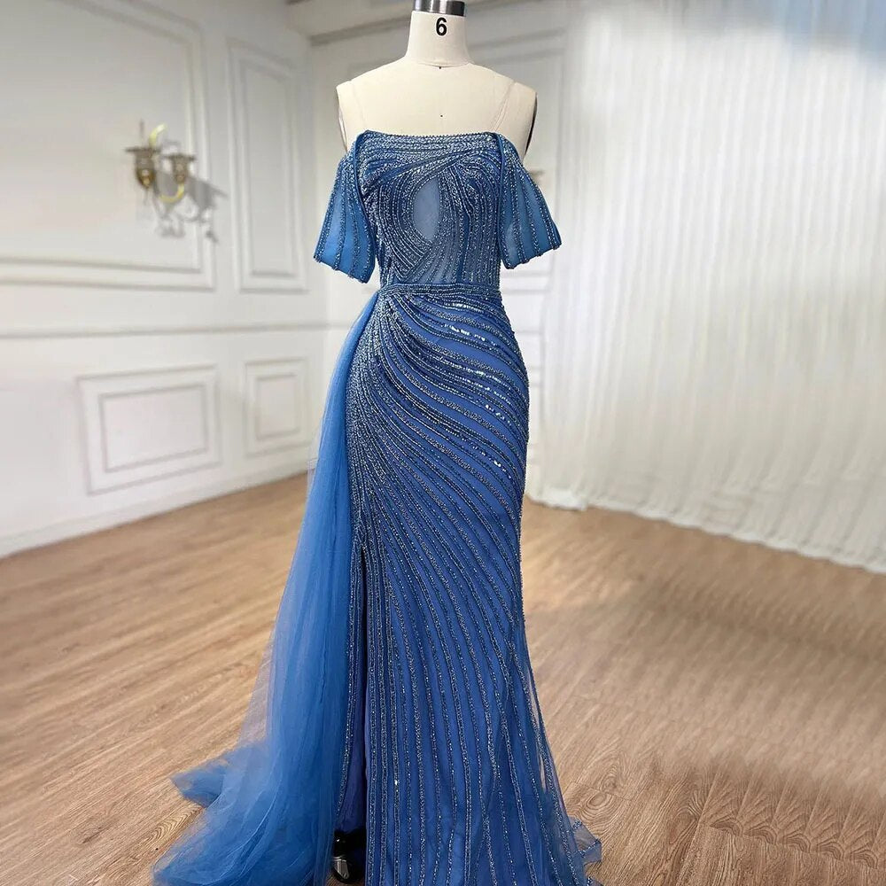 Vestidos de noche de lujo, elegantes, estilo sirena, sexys, con abertura alta y cuentas, color azul árabe, para mujer, ideales para bodas y fiestas (LA71934) 