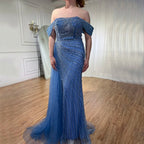 Vestidos de noche de lujo, elegantes, estilo sirena, sexys, con abertura alta y cuentas, color azul árabe, para mujer, ideales para bodas y fiestas (LA71934) 