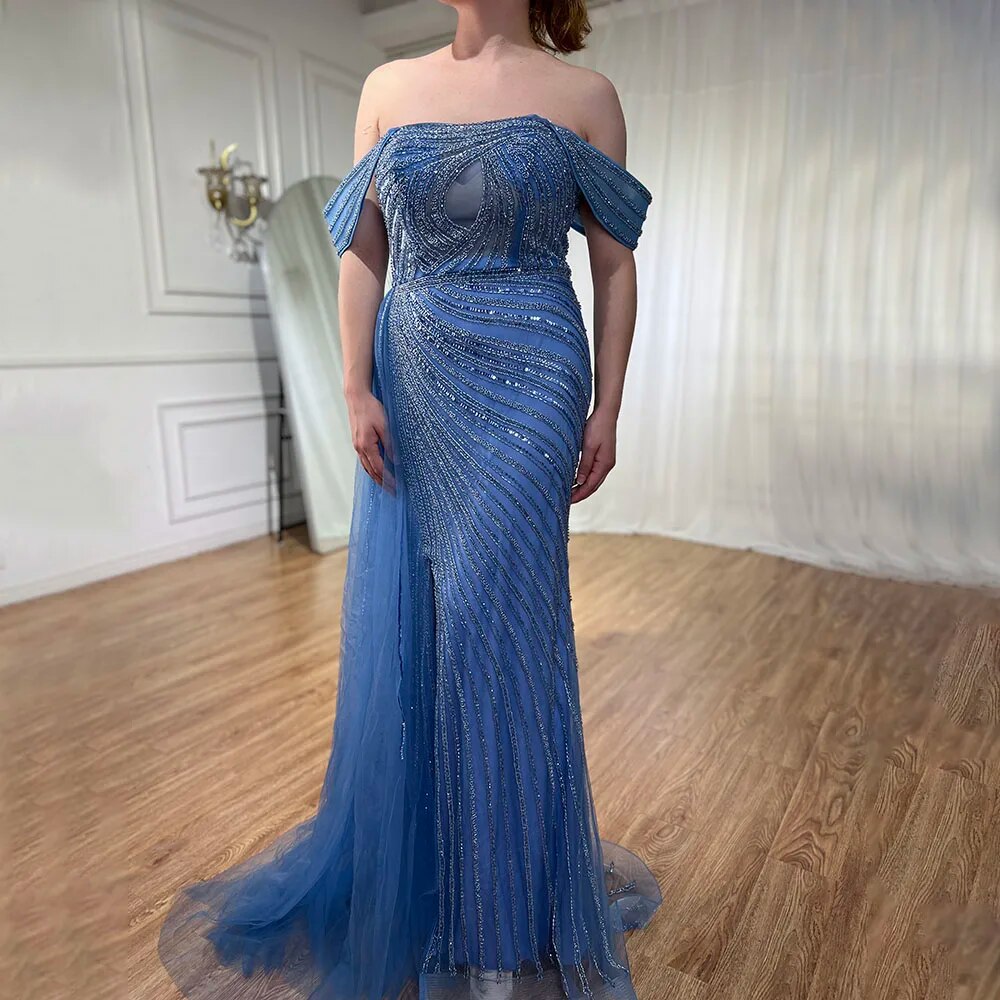 Vestidos de noche de lujo, elegantes, estilo sirena, sexys, con abertura alta y cuentas, color azul árabe, para mujer, ideales para bodas y fiestas (LA71934) 