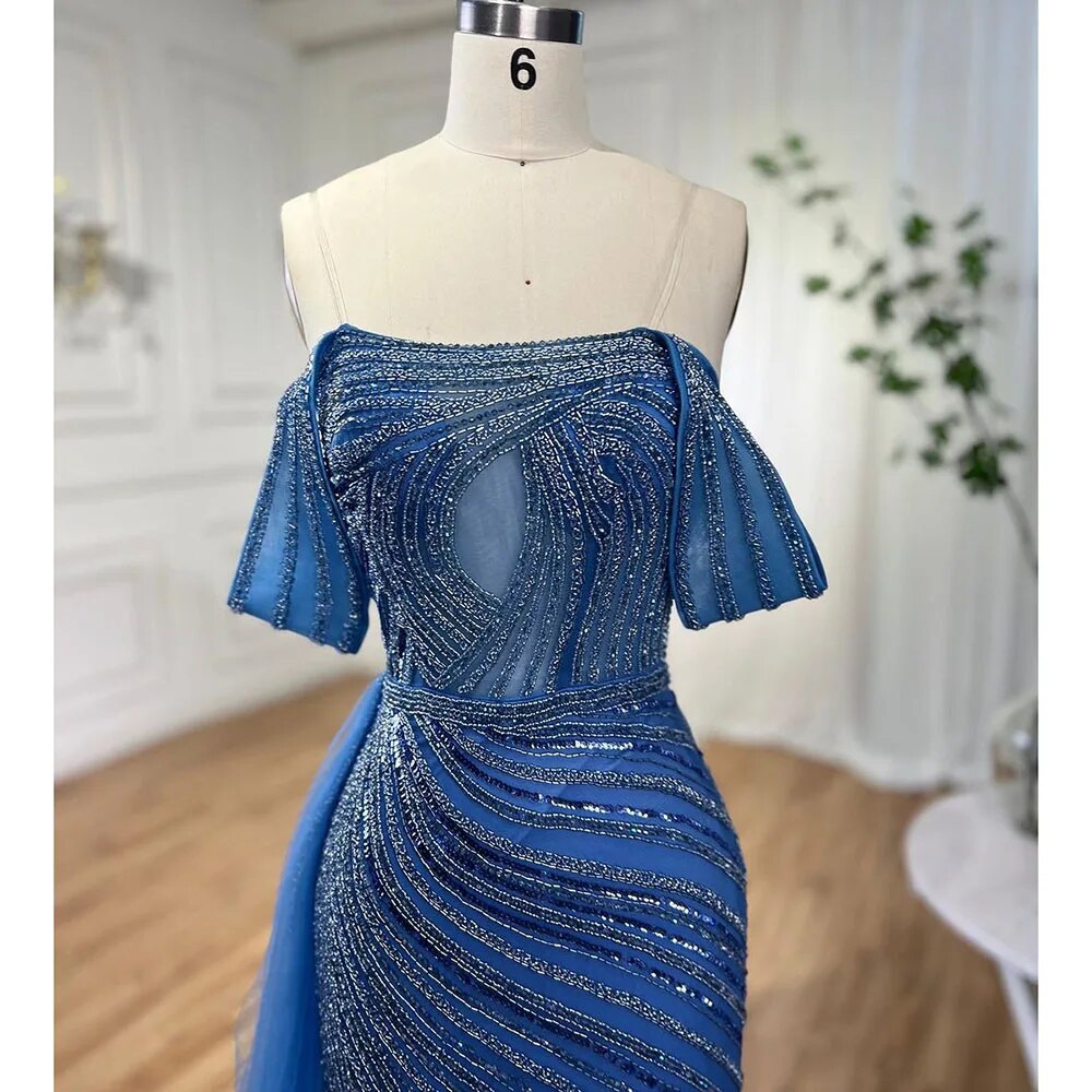 Vestidos de noche de lujo, elegantes, estilo sirena, sexys, con abertura alta y cuentas, color azul árabe, para mujer, ideales para bodas y fiestas (LA71934) 