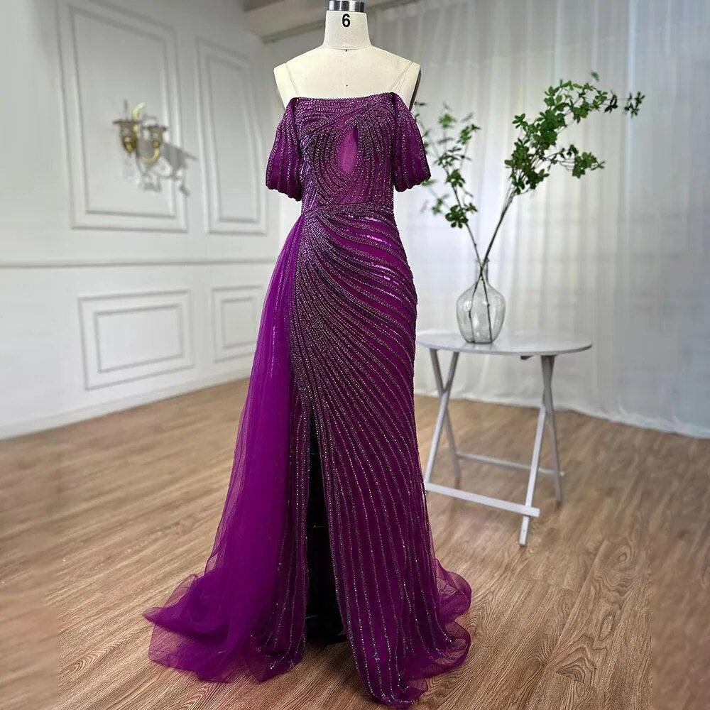 Vestidos de noche de lujo, elegantes, estilo sirena, sexys, con abertura alta y cuentas, color azul árabe, para mujer, ideales para bodas y fiestas (LA71934) 