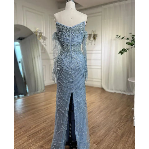 Robe de soirée de luxe Dubaï, élégante, sans bretelles, perles bleu clair, LA71950A