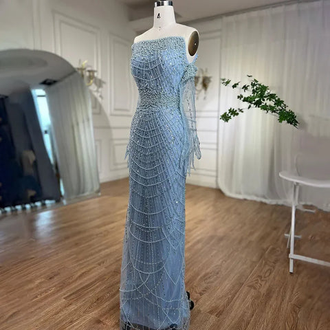 Robe de soirée de luxe Dubaï, élégante, sans bretelles, perles bleu clair, LA71950A