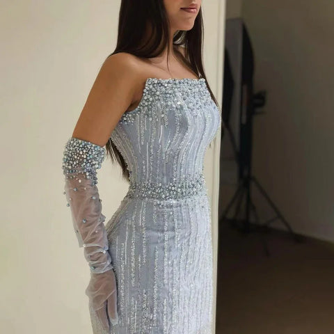 Robe de soirée de luxe Dubaï, élégante, sans bretelles, perles bleu clair, LA71950A