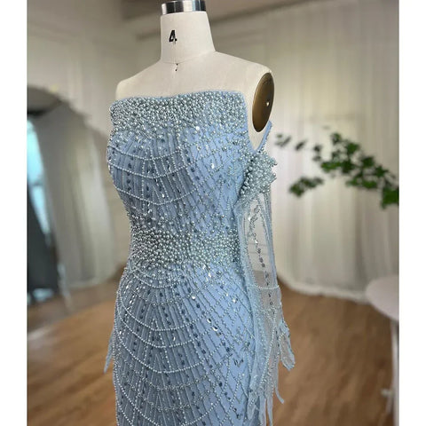 Robe de soirée de luxe Dubaï, élégante, sans bretelles, perles bleu clair, LA71950A