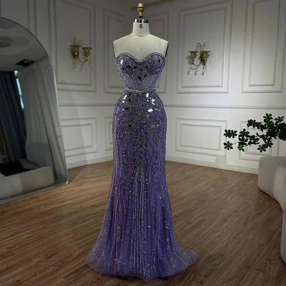 Vestidos de noche de lujo estilo sirena, elegantes, sin tirantes, con cuentas, color azul árabe, de Dubai, colección 2025 para mujer, modelo LA72328 