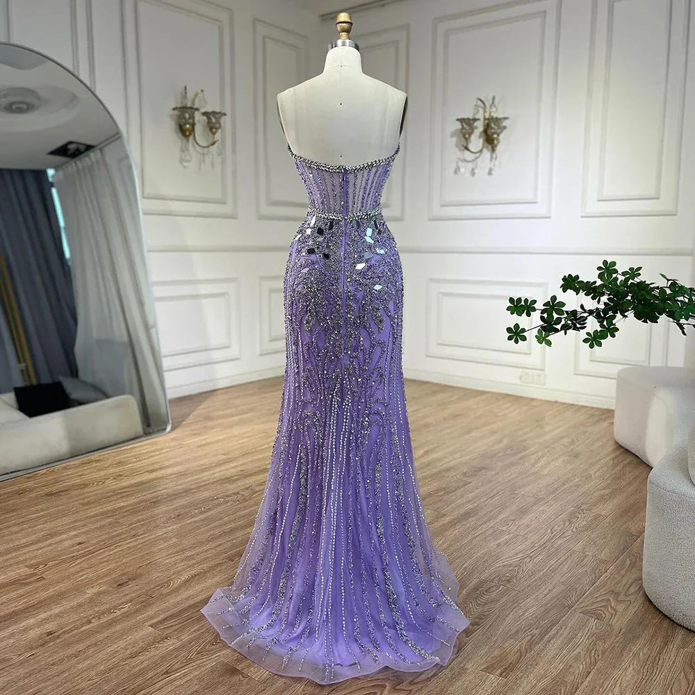 Vestidos de noche de lujo estilo sirena, elegantes, sin tirantes, con cuentas, color azul árabe, de Dubai, colección 2025 para mujer, modelo LA72328 