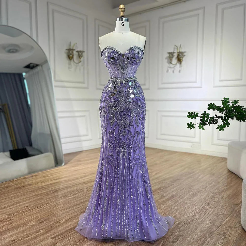 Vestidos de noche de lujo estilo sirena, elegantes, sin tirantes, con cuentas, color azul árabe, de Dubai, colección 2025 para mujer, modelo LA72328 