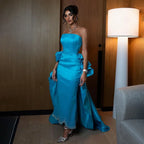 Vestidos de noche elegantes de sirena azul árabe hasta la rodilla, sin tirantes, con cuentas, para mujer, para bodas y fiestas 2025 LA72485 