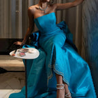Vestidos de noche elegantes de sirena azul árabe hasta la rodilla, sin tirantes, con cuentas, para mujer, para bodas y fiestas 2025 LA72485 