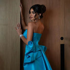 Vestidos de noche elegantes de sirena azul árabe hasta la rodilla, sin tirantes, con cuentas, para mujer, para bodas y fiestas 2025 LA72485 