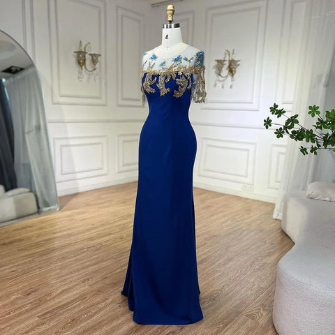 Arabic Blue Mermaid Elegant Appliques Luxury Dubai Evening Dresses Gowns 2025 For Women Wedding Party LA72554