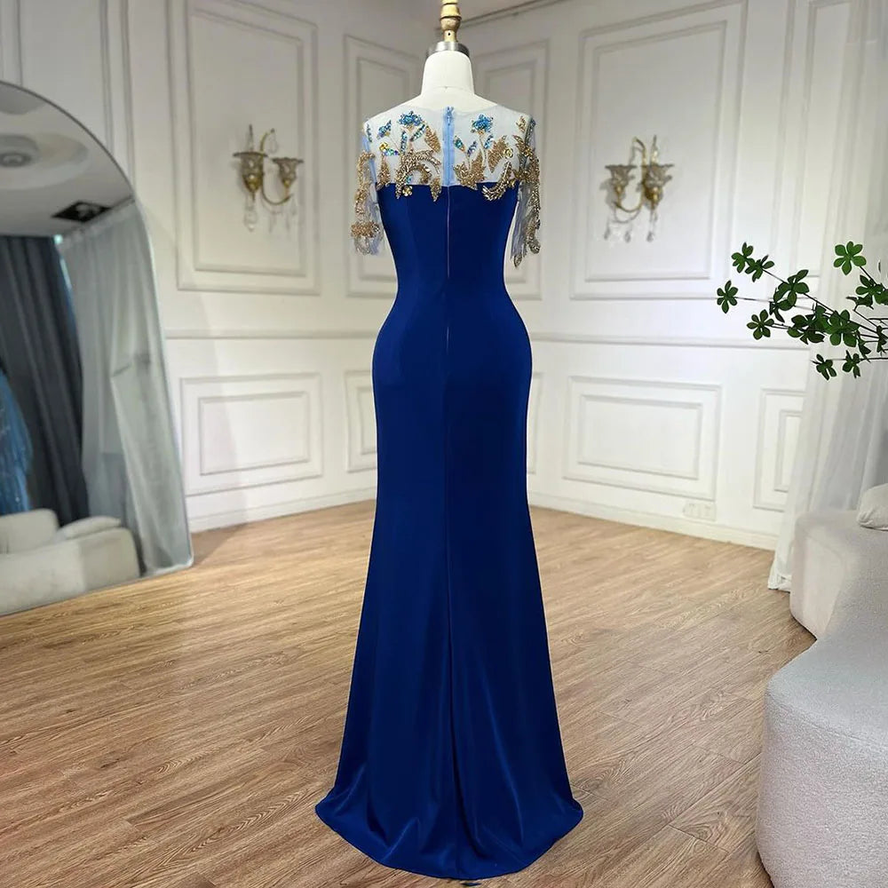 Vestidos de noche de lujo estilo sirena azul árabe con apliques elegantes, estilo Dubai, colección 2025 para mujer, ideales para bodas y fiestas (LA72554) 