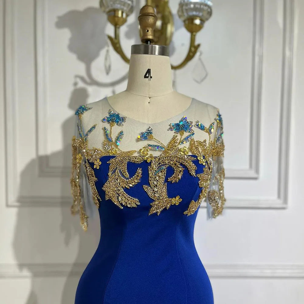 Vestidos de noche de lujo estilo sirena azul árabe con apliques elegantes, estilo Dubai, colección 2025 para mujer, ideales para bodas y fiestas (LA72554) 