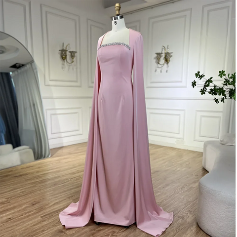 Robe de soirée sirène bleue élégante à manches cape LA72200