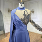 Vestidos de noche de lujo, corte A, elegantes, con mangas tipo capa, bordados en satén azul árabe, colección 2025, para mujer, estilo fiesta, LA72177 